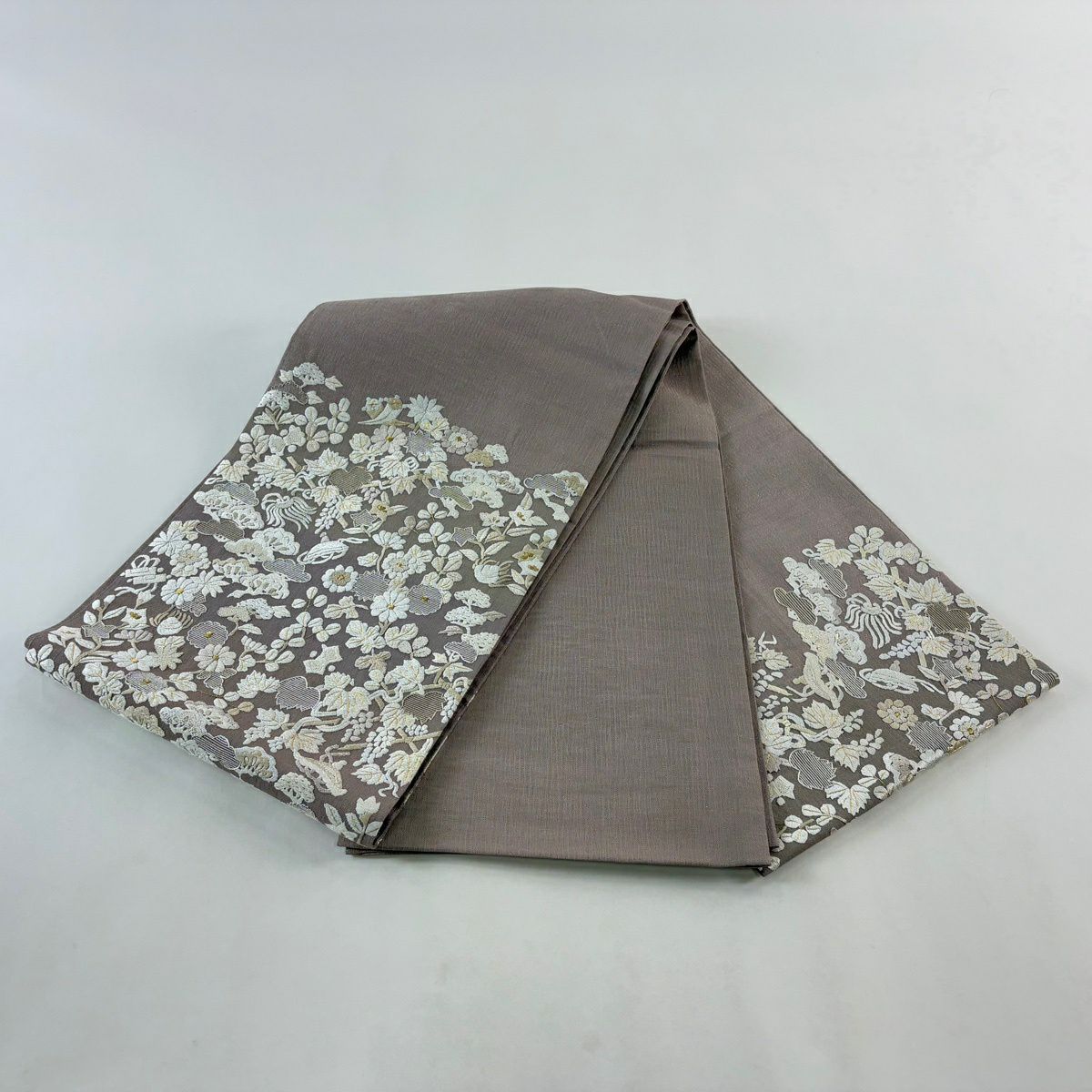 袋帶 名品級 夏帶 草花紋紋 寶盡くし 刺繡 金銀絲 灰紫色 大鼓圖案 純蠶絲