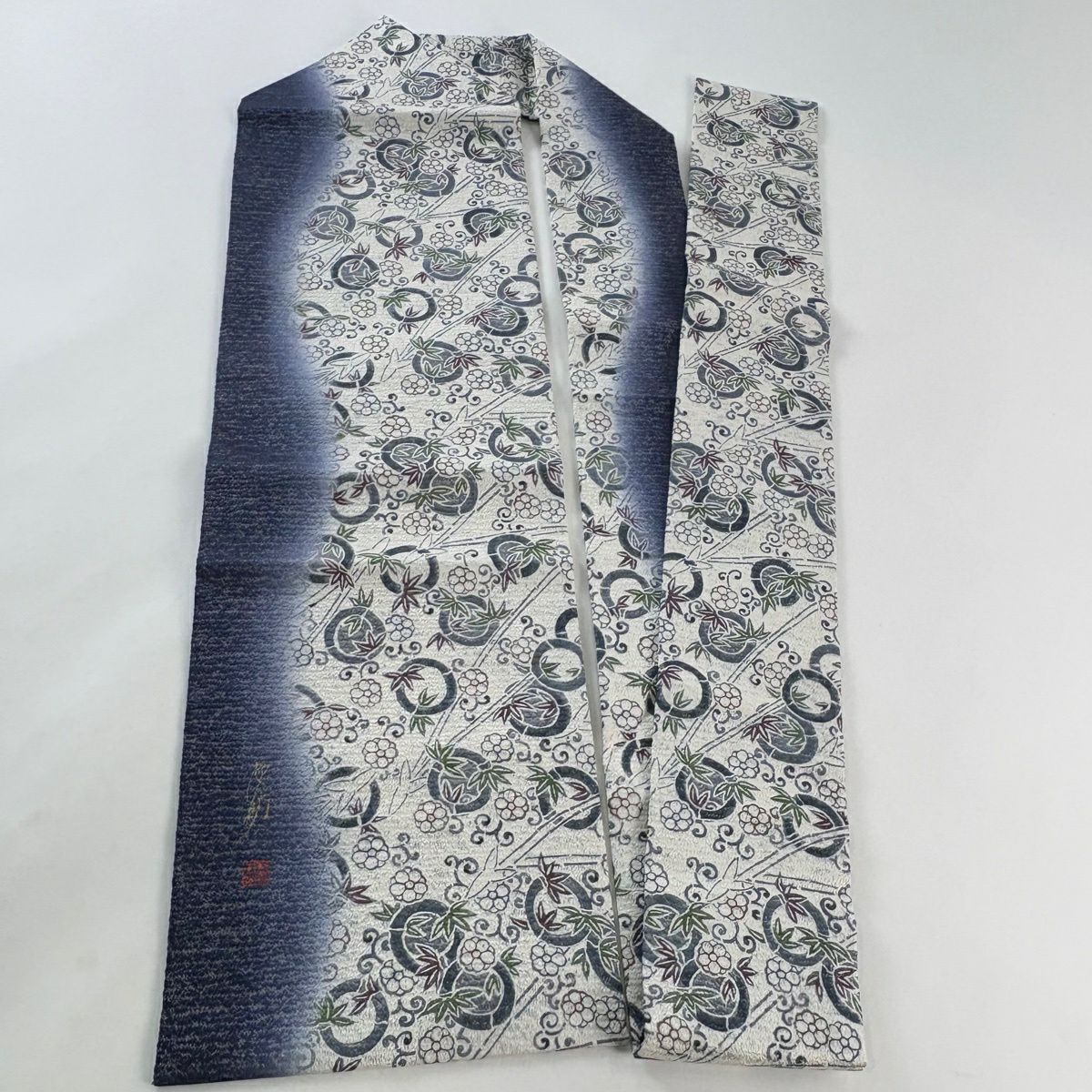 【美品】 名古屋帶 名品級 落款あり 竹子 梅花 銀通 灰白 純蠶絲