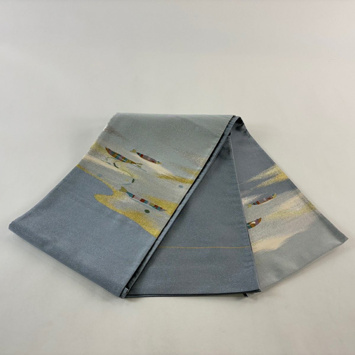 【美品】 袋帶 名品級 魚 幾何學 金銀線 青灰 深藍色 正蠶絲