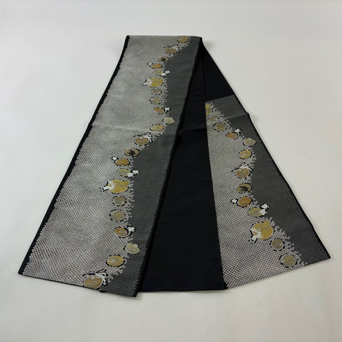 【美品】 袋帶 名品級 兔子 波 金銀線 灰白 六通 純蠶絲