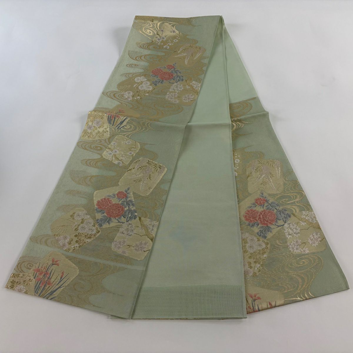 【美品】 袋帶 逸品級 證書齊全 色紙 草花紋 金銀彩 金金箔 淺綠 六通 純蠶絲
