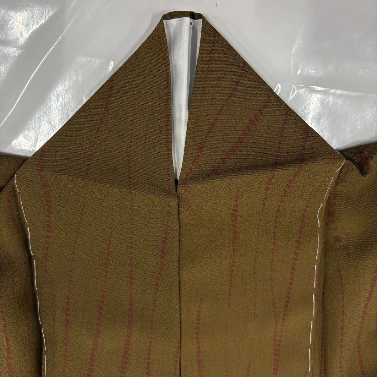 【美品】 小紋 身長163cm 袖長63.5cm S 雙層 幾何學圖案 茶綠 純蠶絲 秀品級
