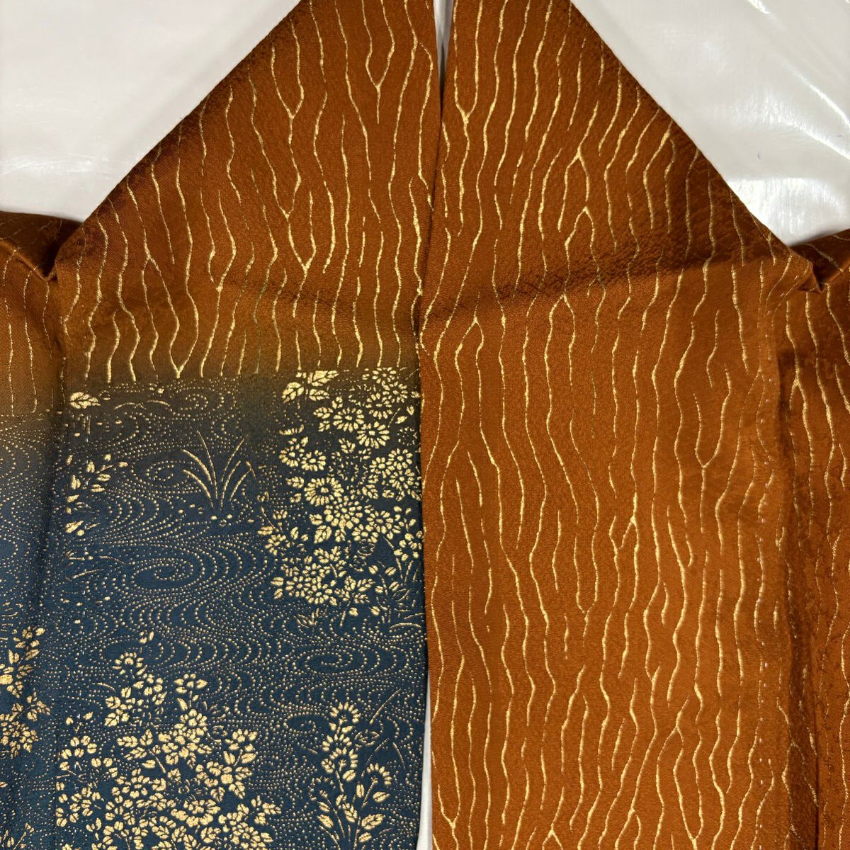 訪問服 身長153.5cm 袖長63cm S 雙層 草花紋紋 雪花 金銀彩 染分 茶 純蠶絲 秀品級