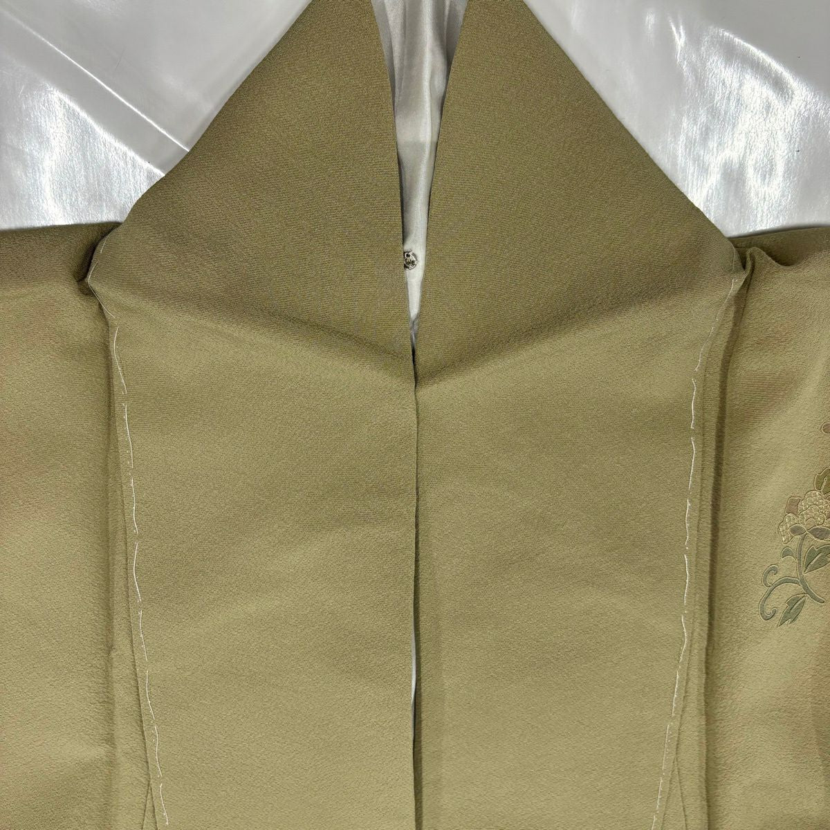 【美品】 付下 身長156.5cm 袖長68cm L 雙層 ヱ霞 花唐草紋 刺繡 灰綠 純蠶絲 秀品級