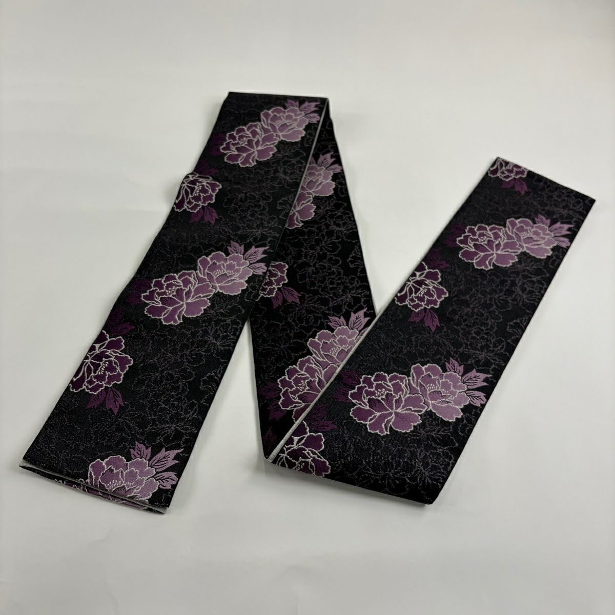 【美品】半幅帶 優品級 牡丹 黑 化纖