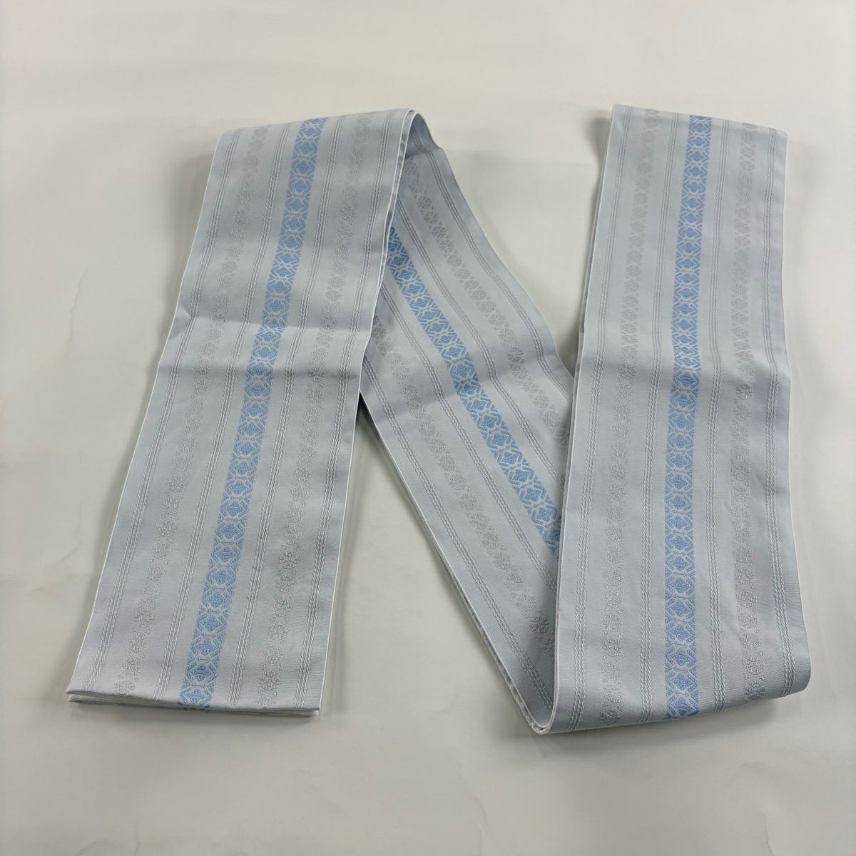 【美品】半幅帶 優品級 献上圖案 水藍色 化纖