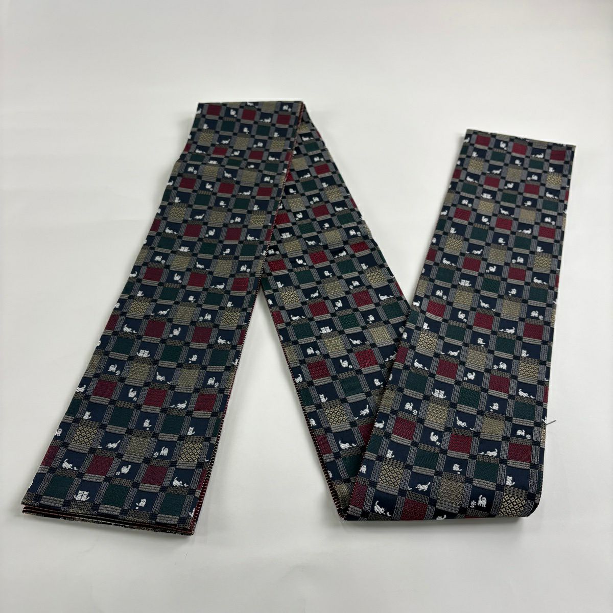 【美品】半幅帶 優品級 格子 貓 深綠 化纖