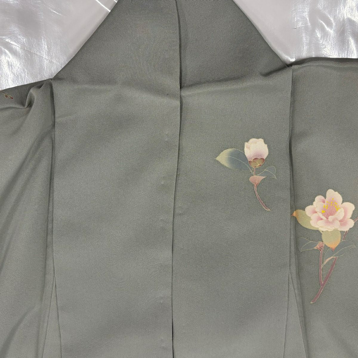 訪問服 身長158.5cm 袖長62cm S 雙層 有落款 櫻花 梅花花 灰綠 純蠶絲 名品級