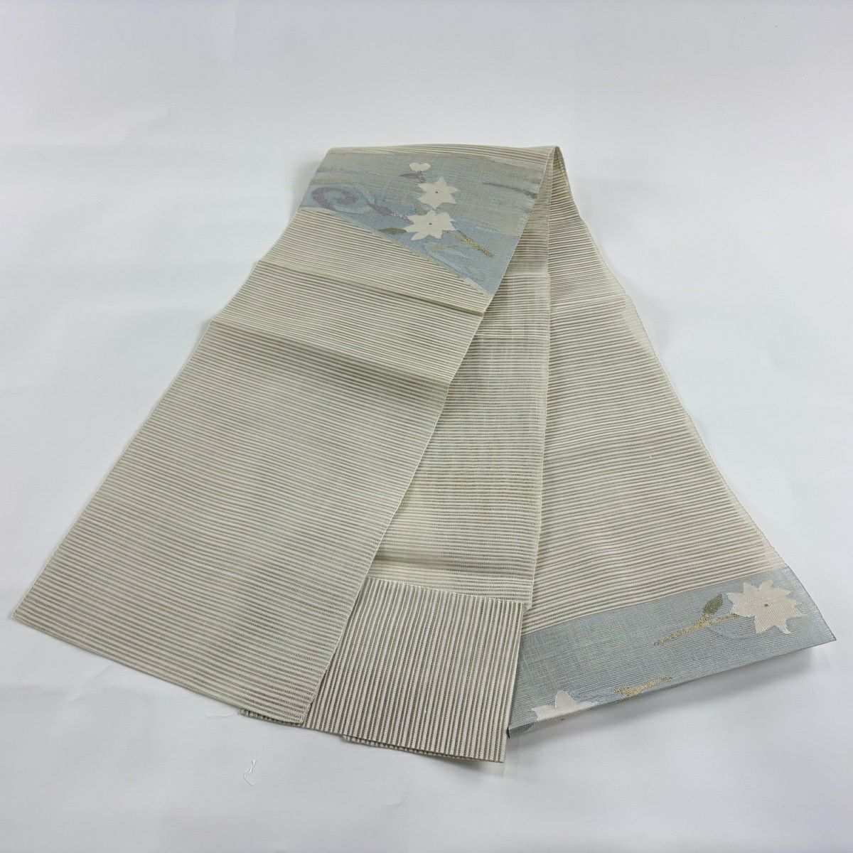 名古屋帶 優品級 夏帶 松樹葉仕立 八寸名古屋帶 草花紋紋 流水 金銀彩 灰綠 純蠶絲