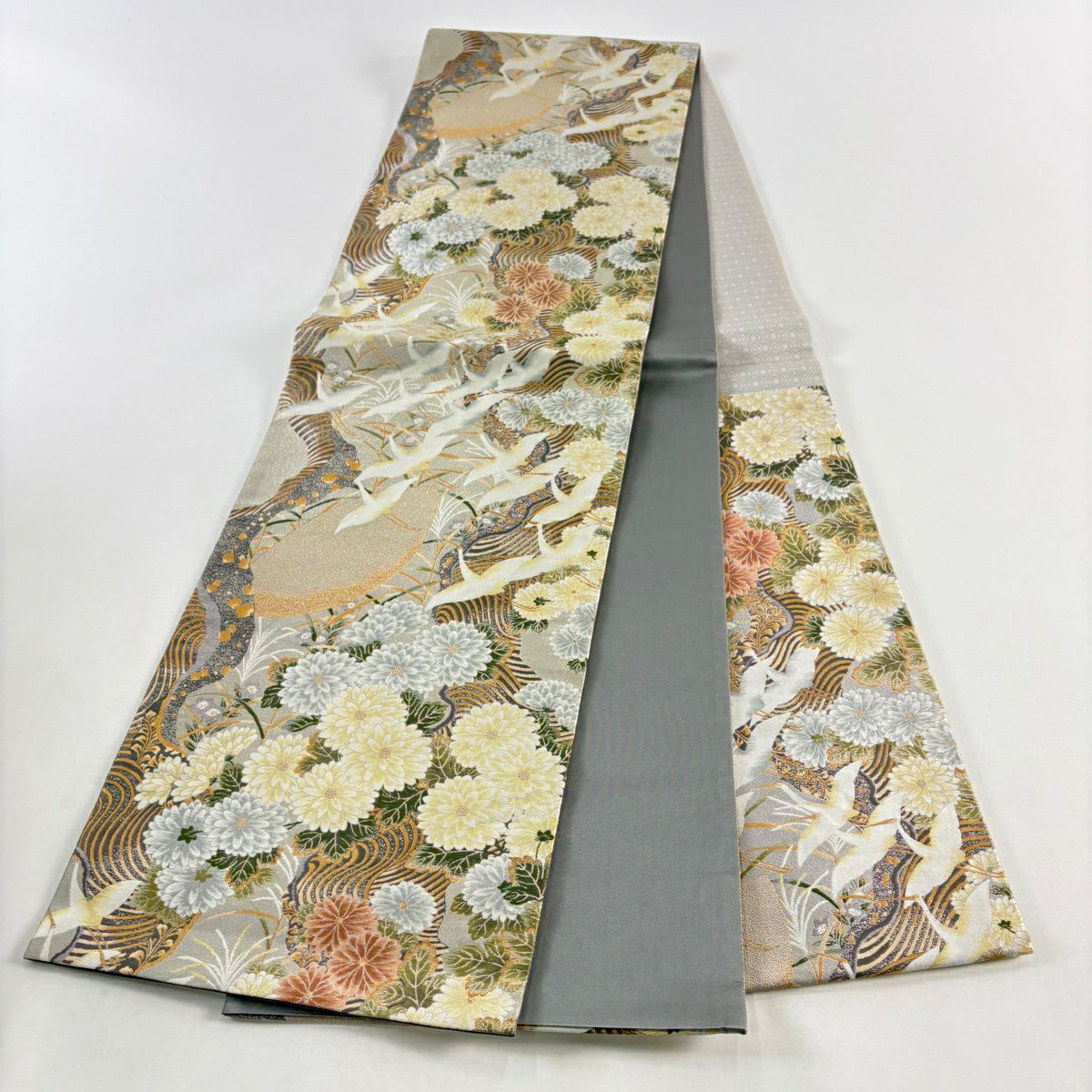 【美品】 袋帶 秀品級 大和 菊花 仙鶴 金絲 金金箔 灰色 六通 純蠶絲