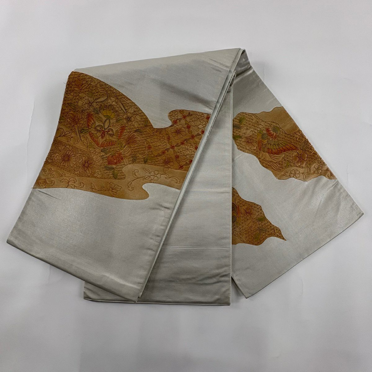 袋帶 秀品級 關西仕立 雙層 向鳥 草花紋刺繡 金線 灰綠 お太鼓圖案 純蠶絲