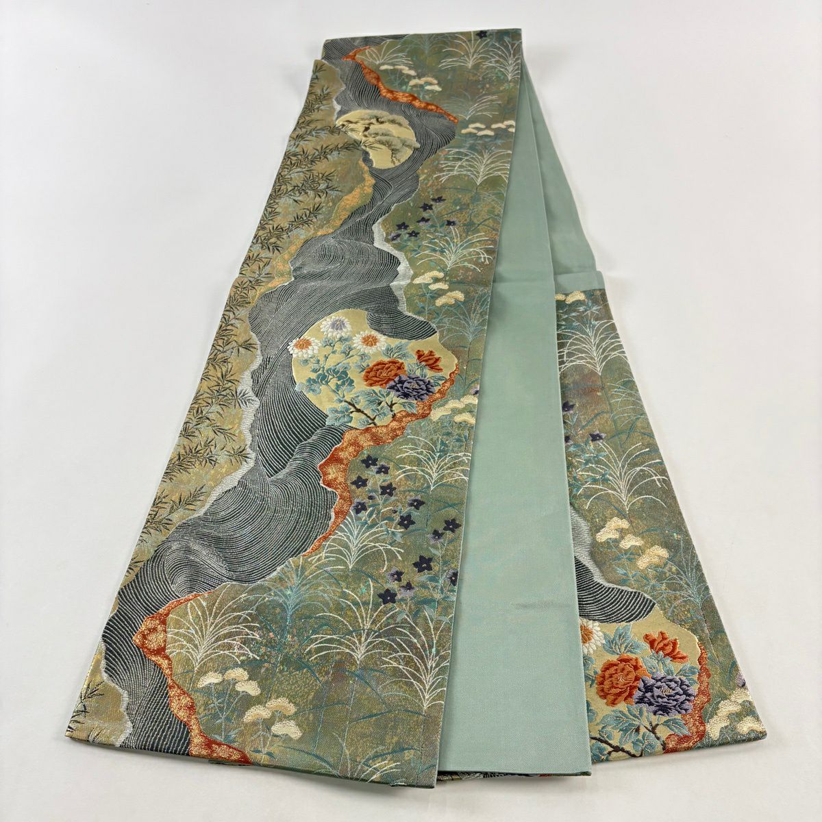 【美品】 袋帶 秀品級 牡丹 秋草 金金箔 銀線 灰綠 六通 純蠶絲