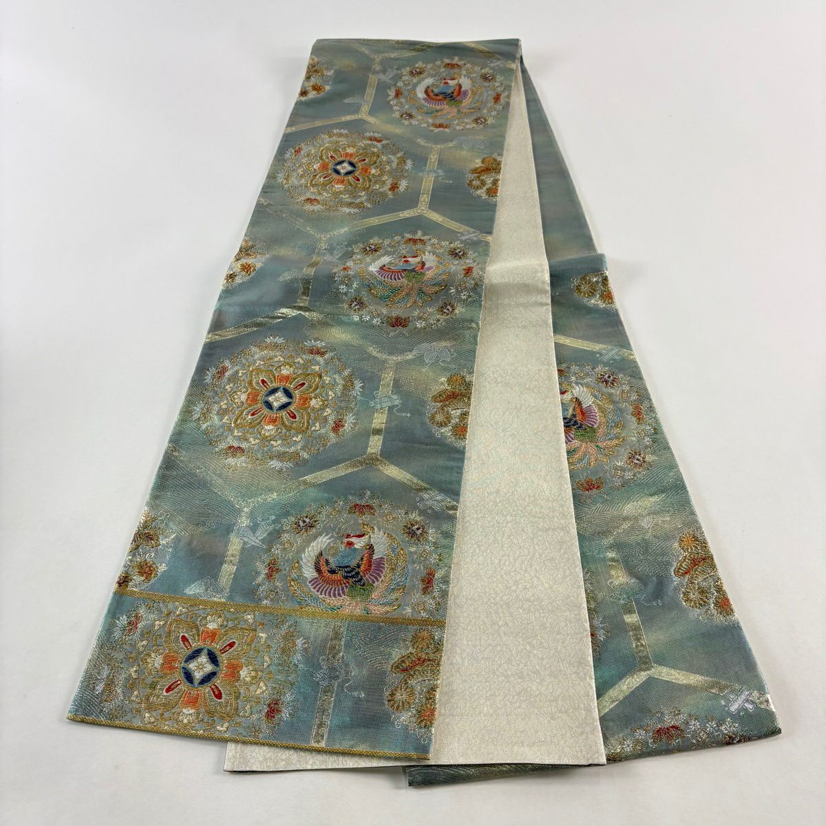 【美品】 袋帶 秀品級 關西仕立 鳳凰 華紋 金絲 金金箔 淺青綠 六通 純蠶絲
