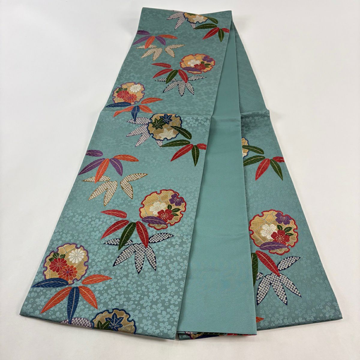 【美品】 袋帶 秀品級 花井幸子 落款 雪輪 笹 金金箔 唐織 青綠 六通 純蠶絲