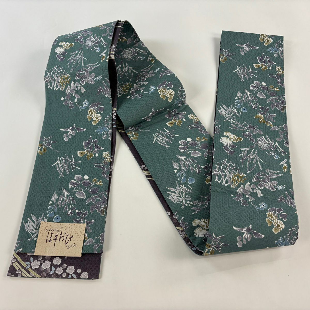 【美品】半幅帶 優品級 草花紋 紋理 灰綠 化纖