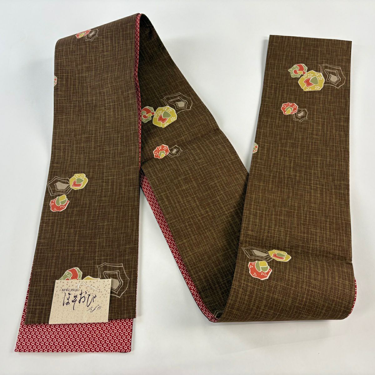 【美品】半幅帶 優品級 花紋 茶 化纖