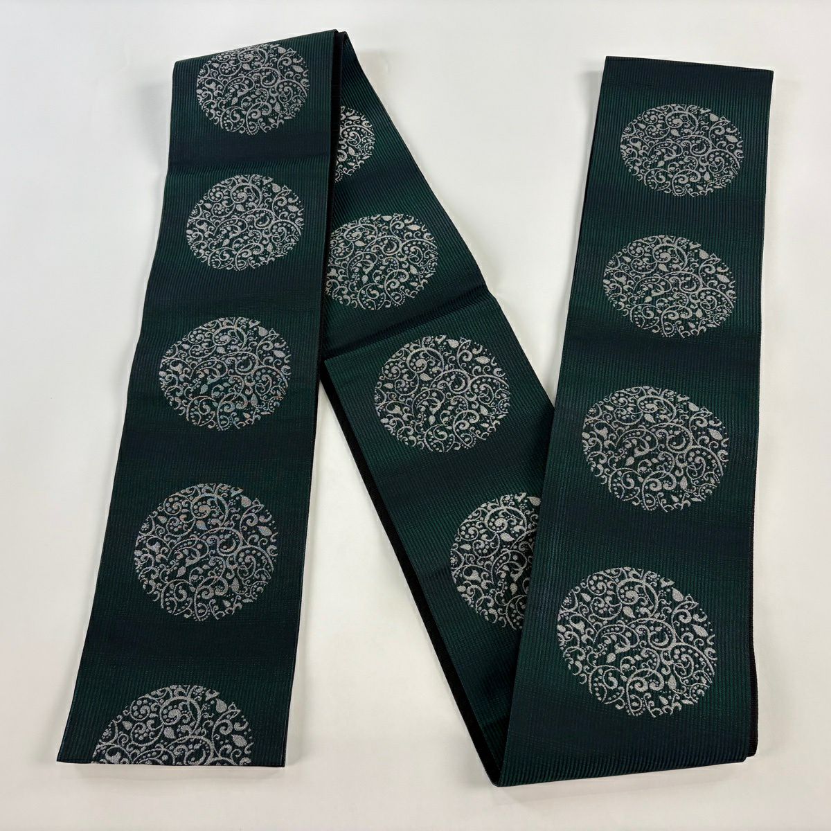 【美品】半幅帶 優品級 唐草紋 縞 綠 化纖