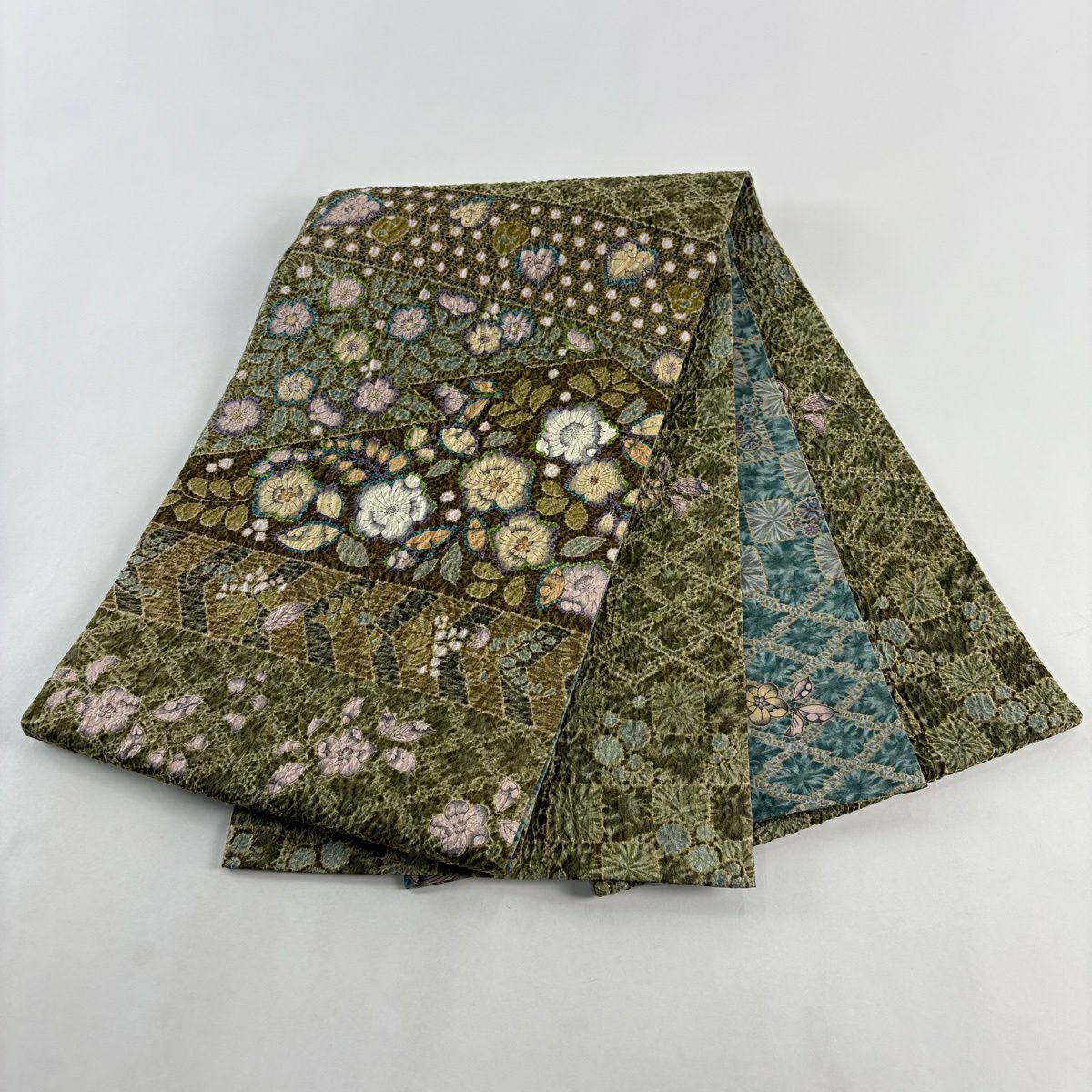 【美品】 袋帶 名品級 辻花染圖案 市松樹 茶綠 金銀彩 正蠶絲