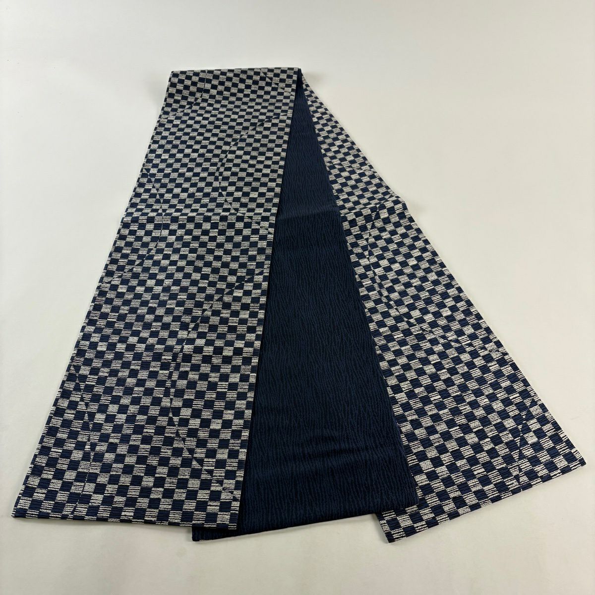 【美品】 袋帶 名品級 市松樹 深藍 全通 純蠶絲