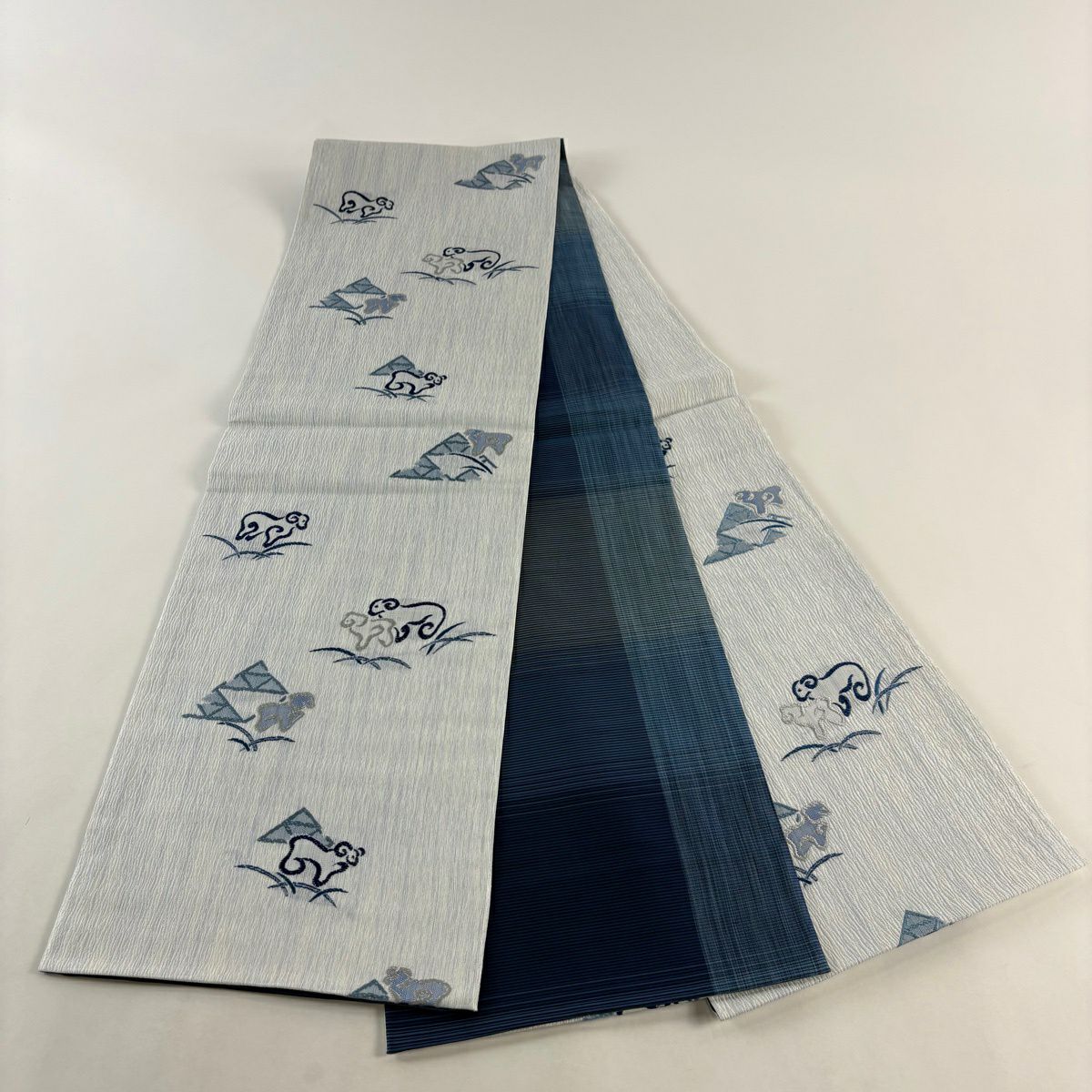 【美品】 袋帶 名品級 夏帶 羊 芝 水藍 六通 純蠶絲