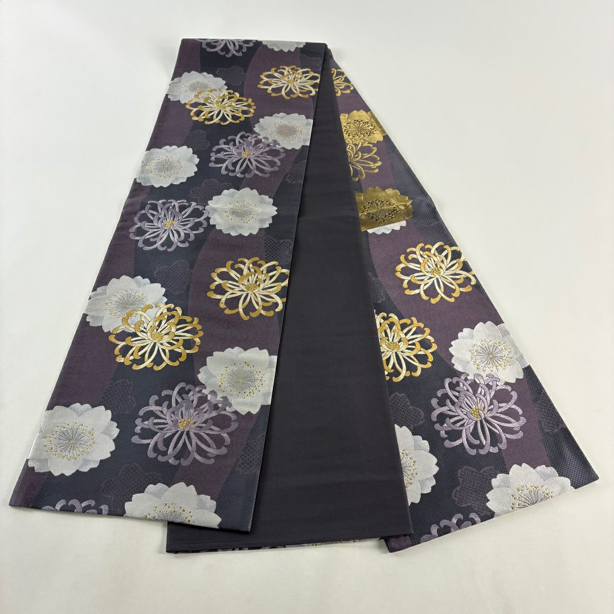 【美品】 袋帶 名品級 小袖座 鈴乃屋 菊花 櫻花 金絲 紫 全通 純蠶絲