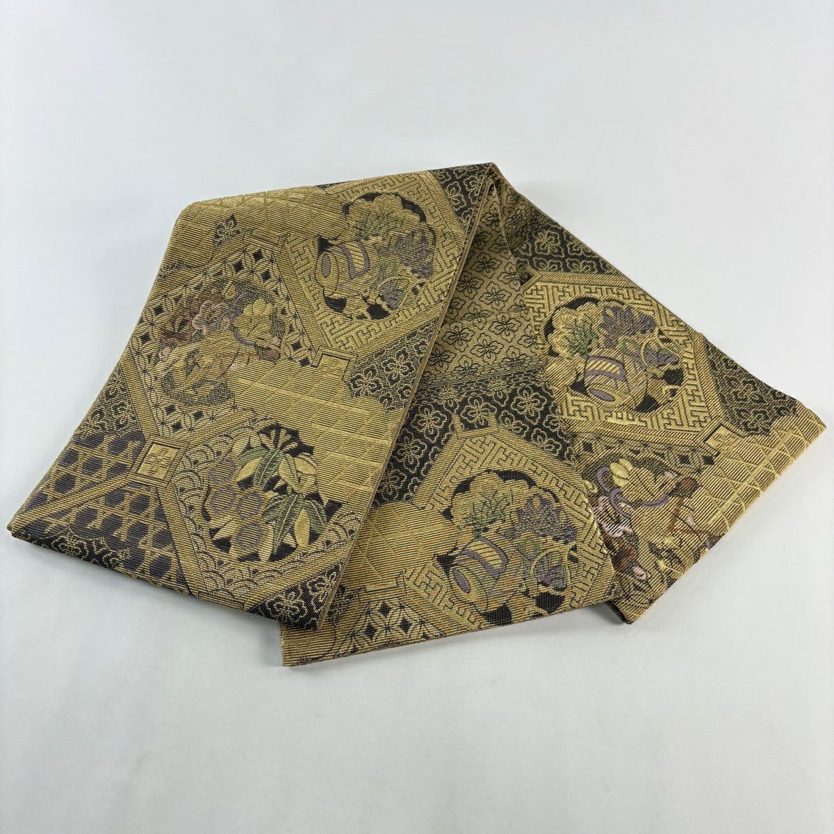 【美品】 袋帶 名品級 松樹竹子梅花 寶 金絲 輪奈織 金色 大鼓圖案 純蠶絲