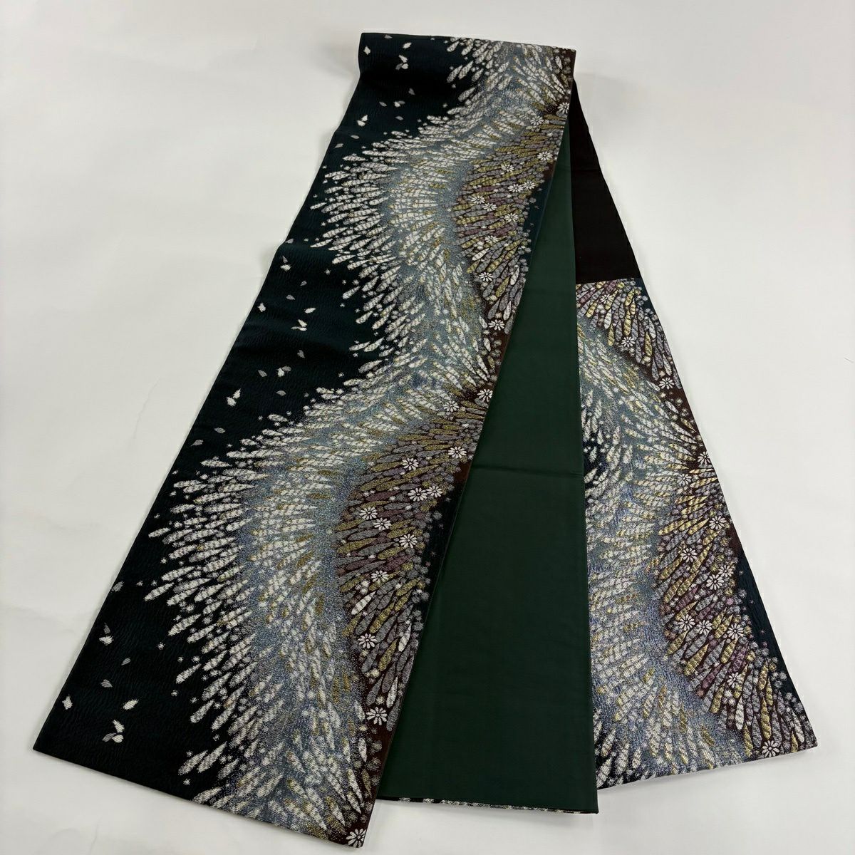 【美品】 袋帶 名品級 大和 菊花花瓣 金絲 金金箔 深綠 六通 純蠶絲