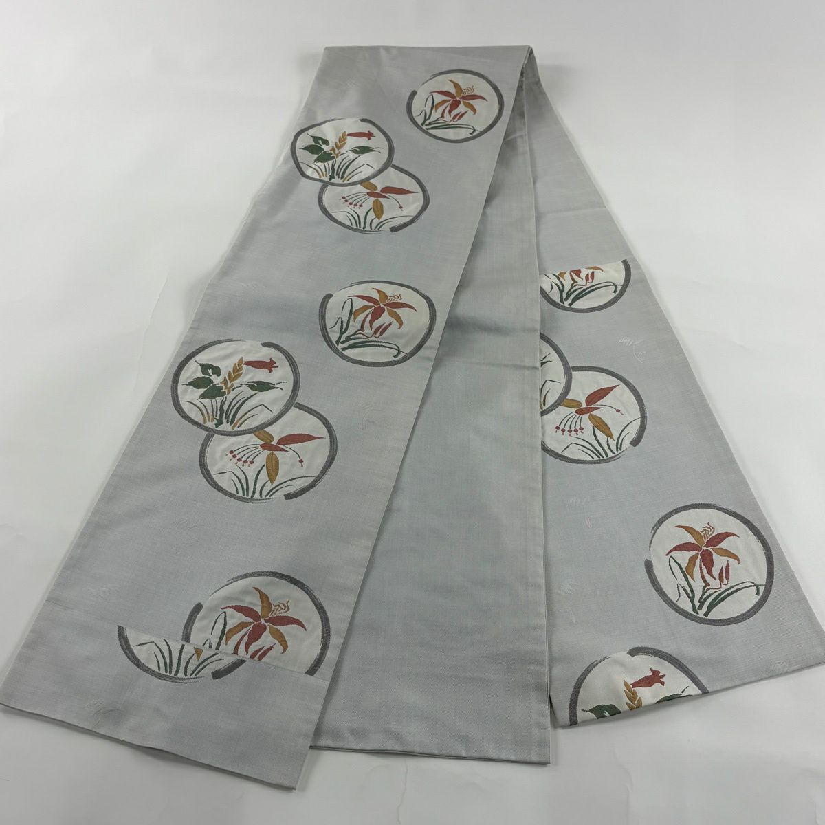袋帶 名品級 木屋太 附有落款 草花紋 圓紋 灰 深藍 六通 純蠶絲