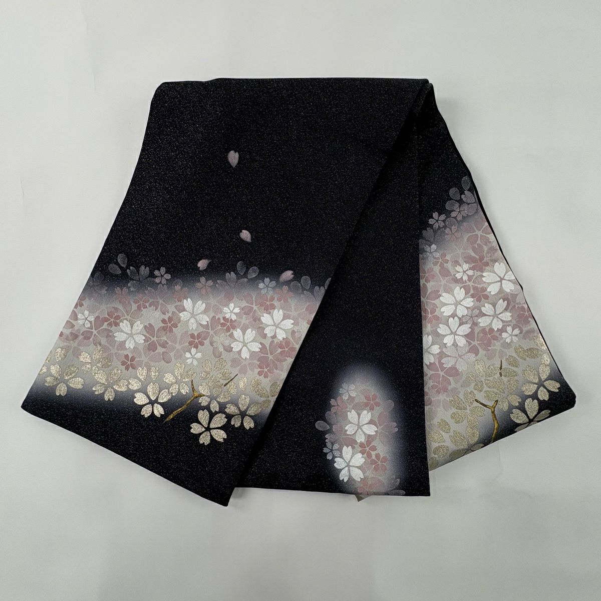【美品】 袋帶 名品級 樱花 金銀彩 金金箔 黑色 大鼓圖案 純蠶絲