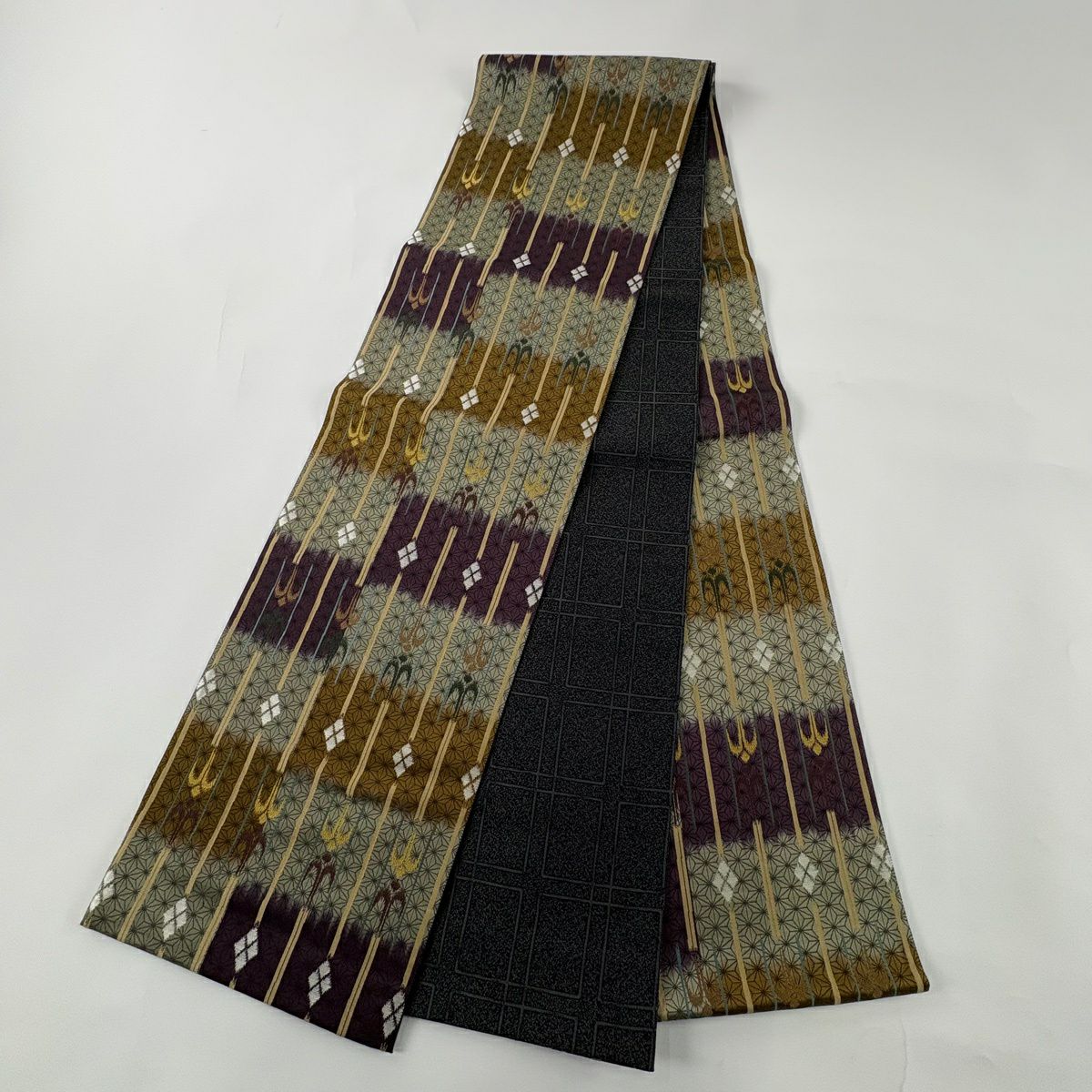 【美品】 袋帶 名品級 壁絲 麻葉 燕 灰綠 全通 純蠶絲