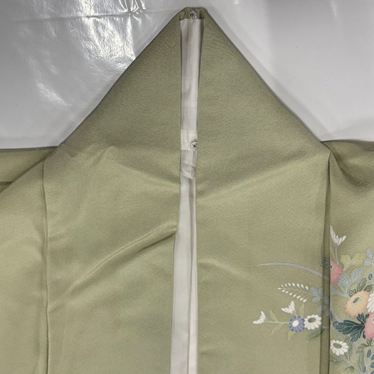 【美品】訪問服 身長163.5cm 袖長66cm M 雙層 落款あり 菊花 萩 漸層 抹茶 純蠶絲 名品級