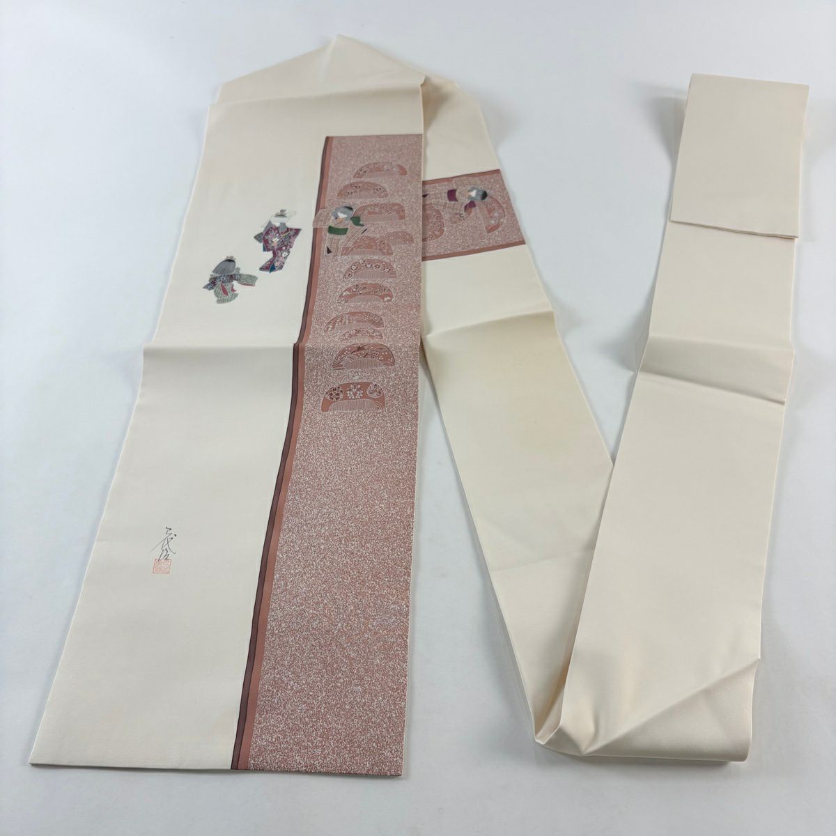 名古屋帶 秀品級 附落款 童 櫛 金銀彩 奶油色 純蠶絲