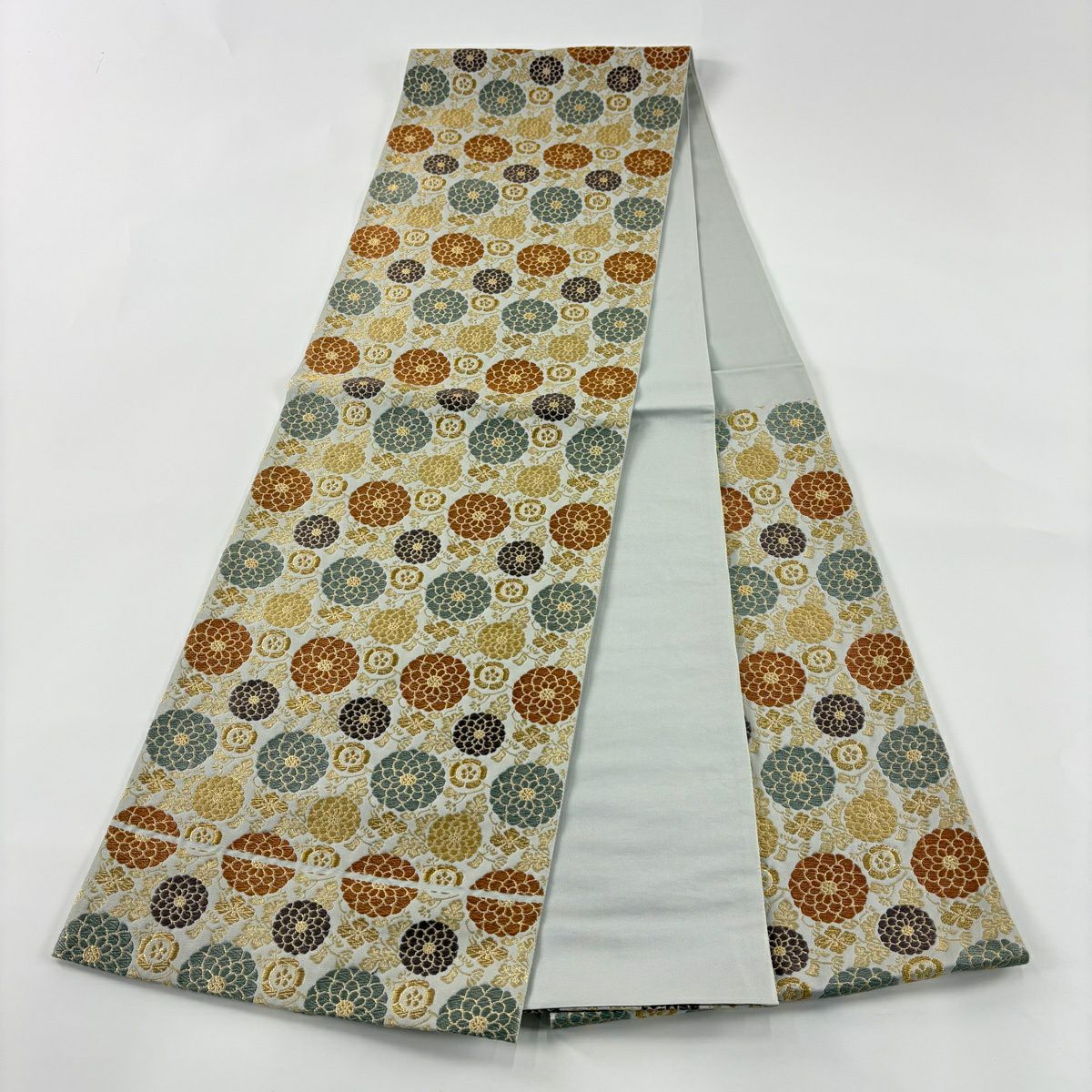 袋帶 秀品級 菊花花 金絲 刺繡 青灰 六通 純蠶絲