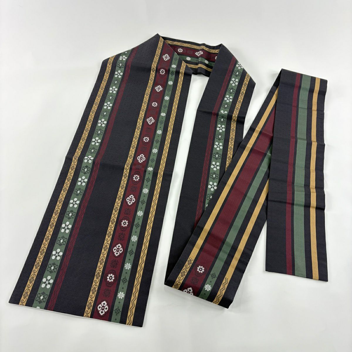 【美品】名古屋帶 秀品級 花 縞 灰紫 純蠶絲