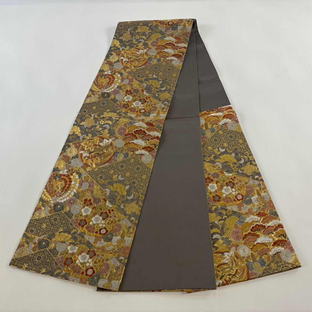 【美品】 袋帶 秀品級 花丸紋 松樹梅花 金絲 金金箔 金色 六通 純蠶絲