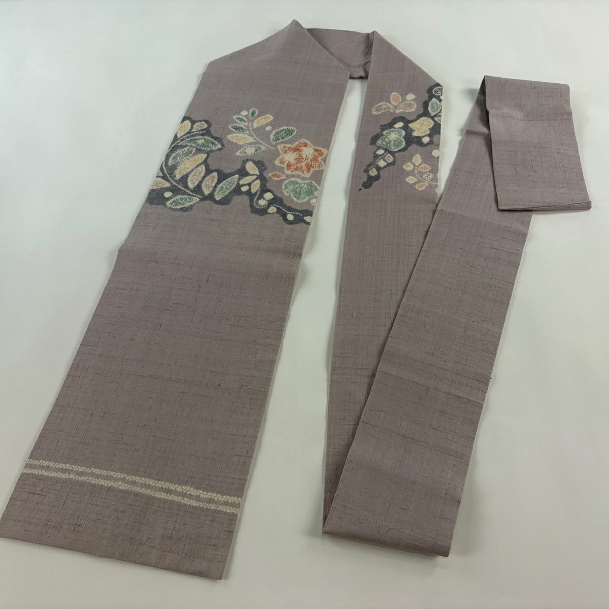 【美品】名古屋帶 秀品級 紬織織 草花紋紋 絞染 薄紫 純蠶絲