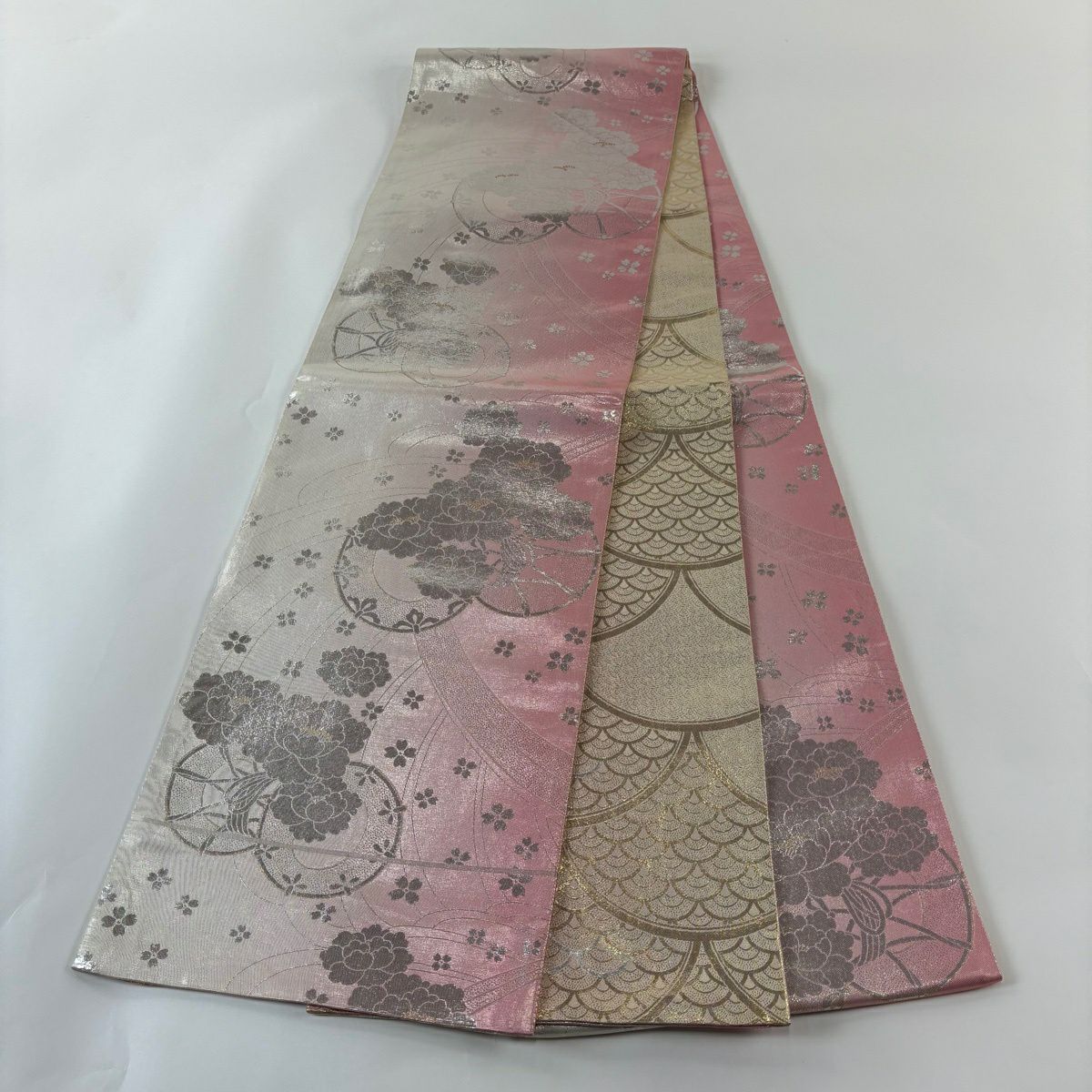 【美品】 袋帶 秀品級 鼓 椿 金金箔 粉紅 全通 純蠶絲