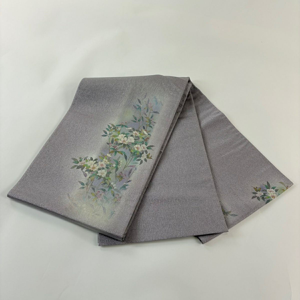 【美品】 袋帶 秀品級 草花紋 金銀彩 逐漸變色 淺紫 お太鼓圖案 純蠶絲