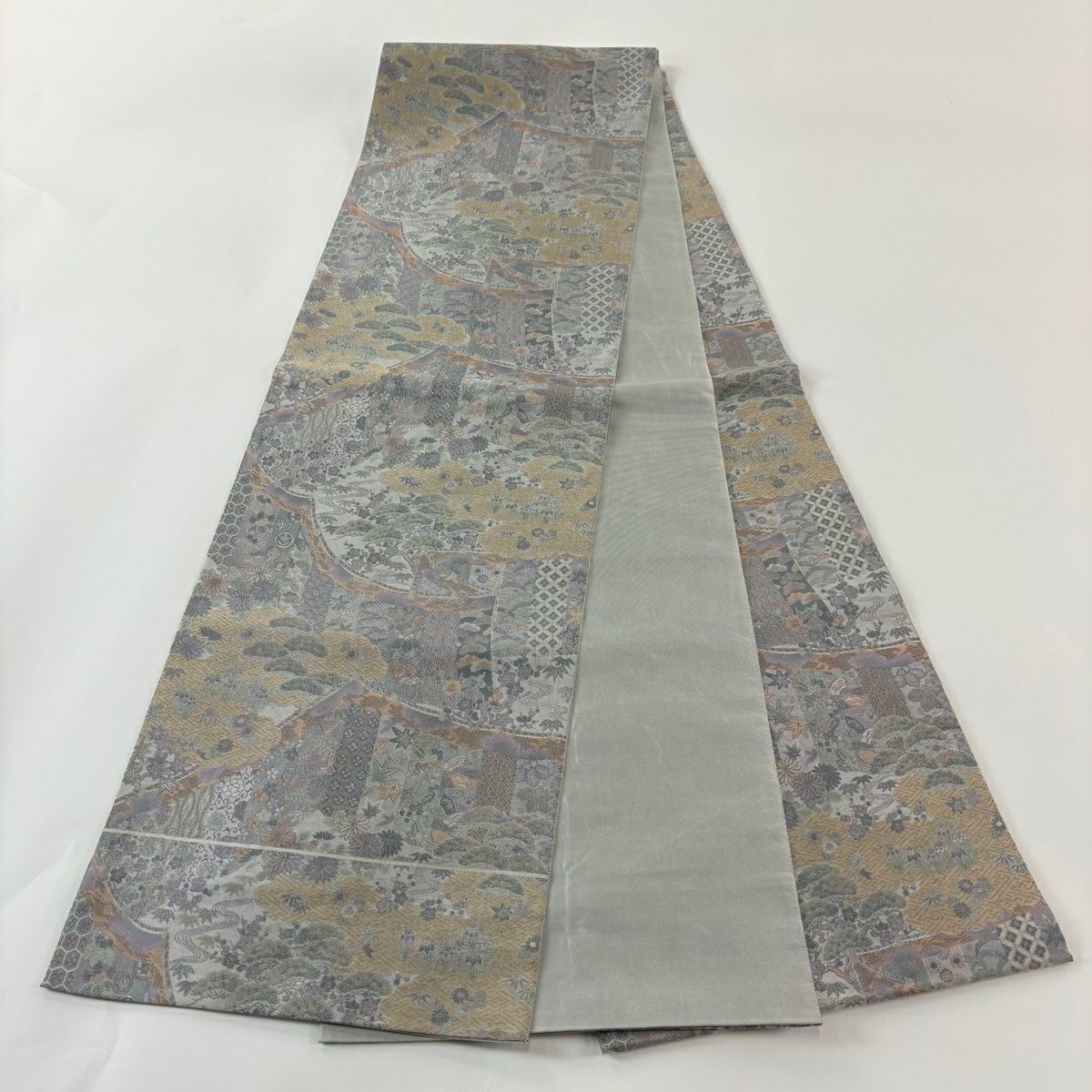 【美品】 袋帶 秀品級 落款あり 萬葉 松樹竹子梅花 万幕 灰紫 全通 純蠶絲