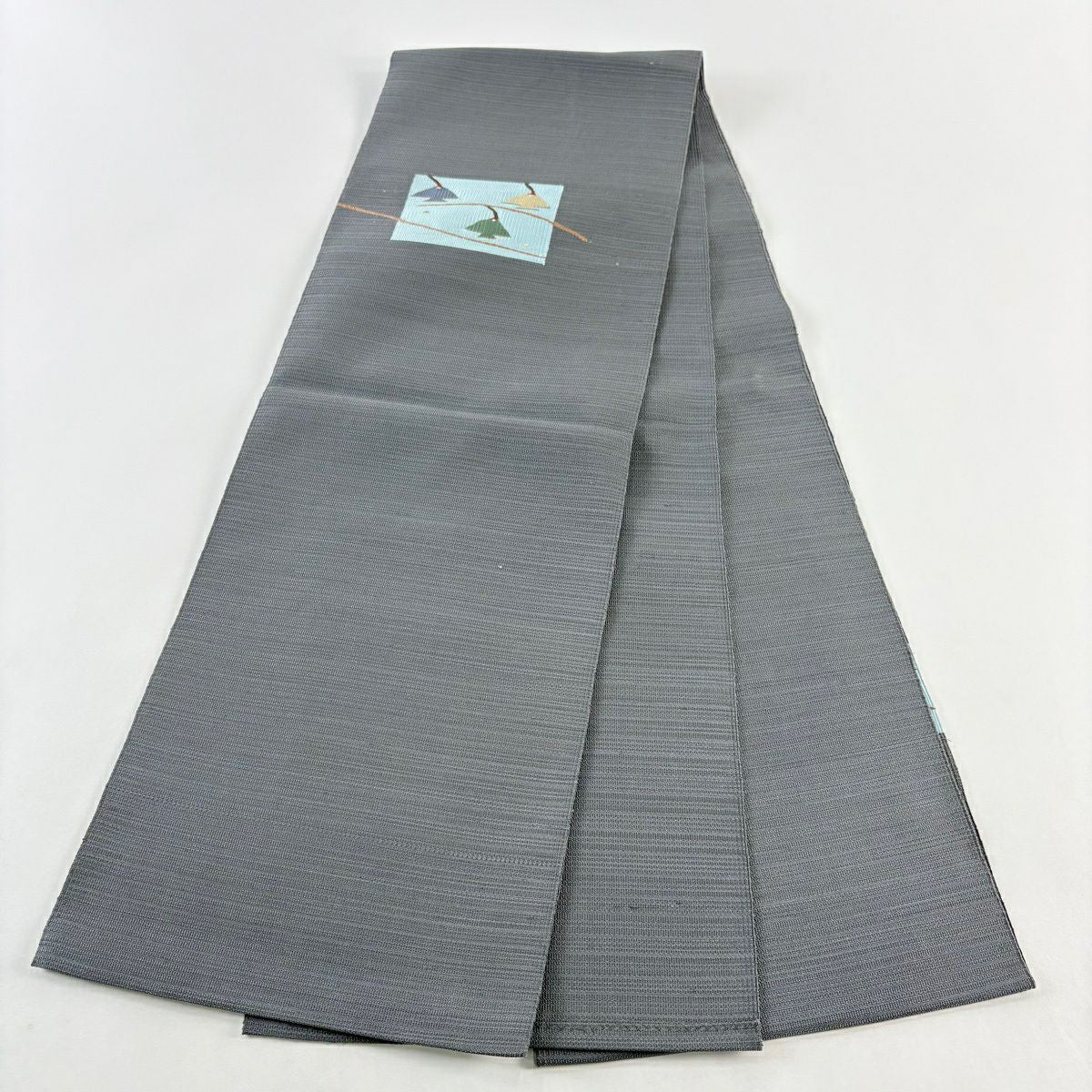【美品】 名古屋帶 秀品級 八寸名古屋帶 枝花 金金箔 灰色 純蠶絲