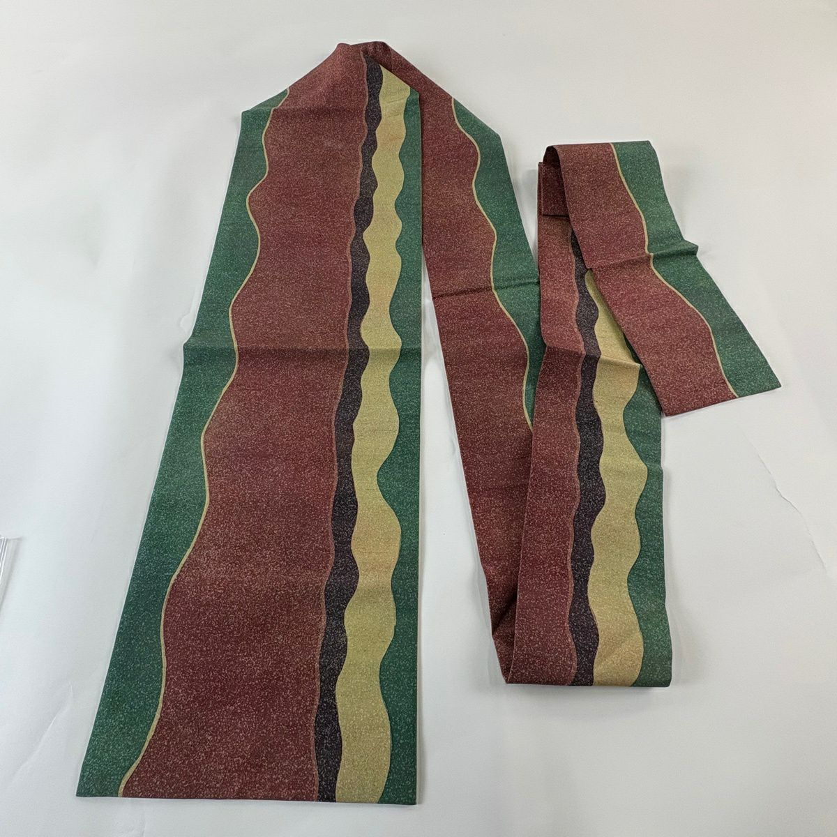 【美品】名古屋帶 秀品級 紬織織 雜色條紋 幾何學 紅茶 純蠶絲