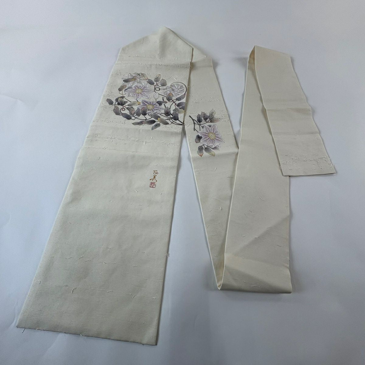 名古屋帶 秀品級 附落款 髭紬織地 草花紋圖案 奶油色 大鼓圖案 純蠶絲
