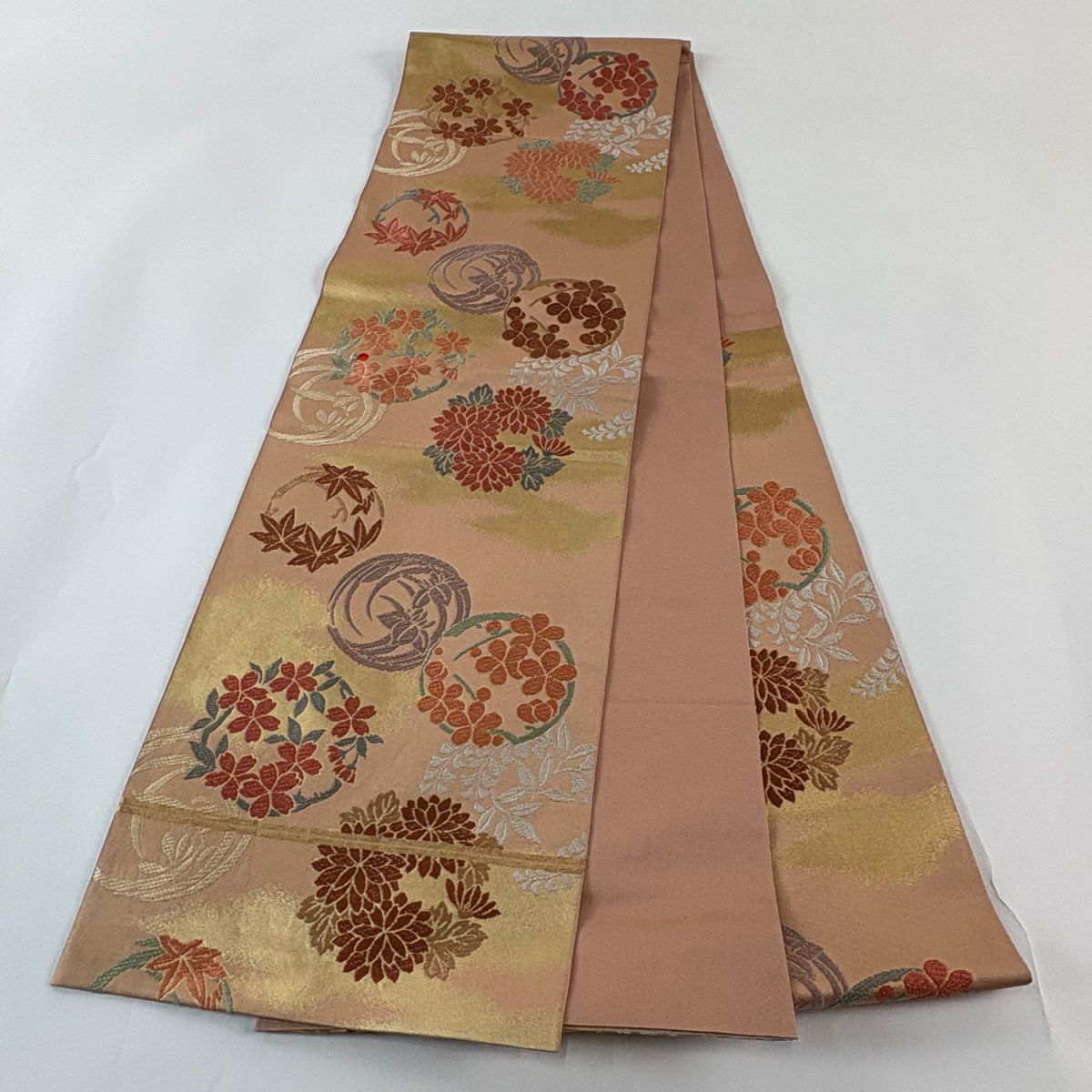 【美品】 袋帶 秀品級 川島織物 落款 花丸紋 金金箔 粉米色 六通 純蠶絲