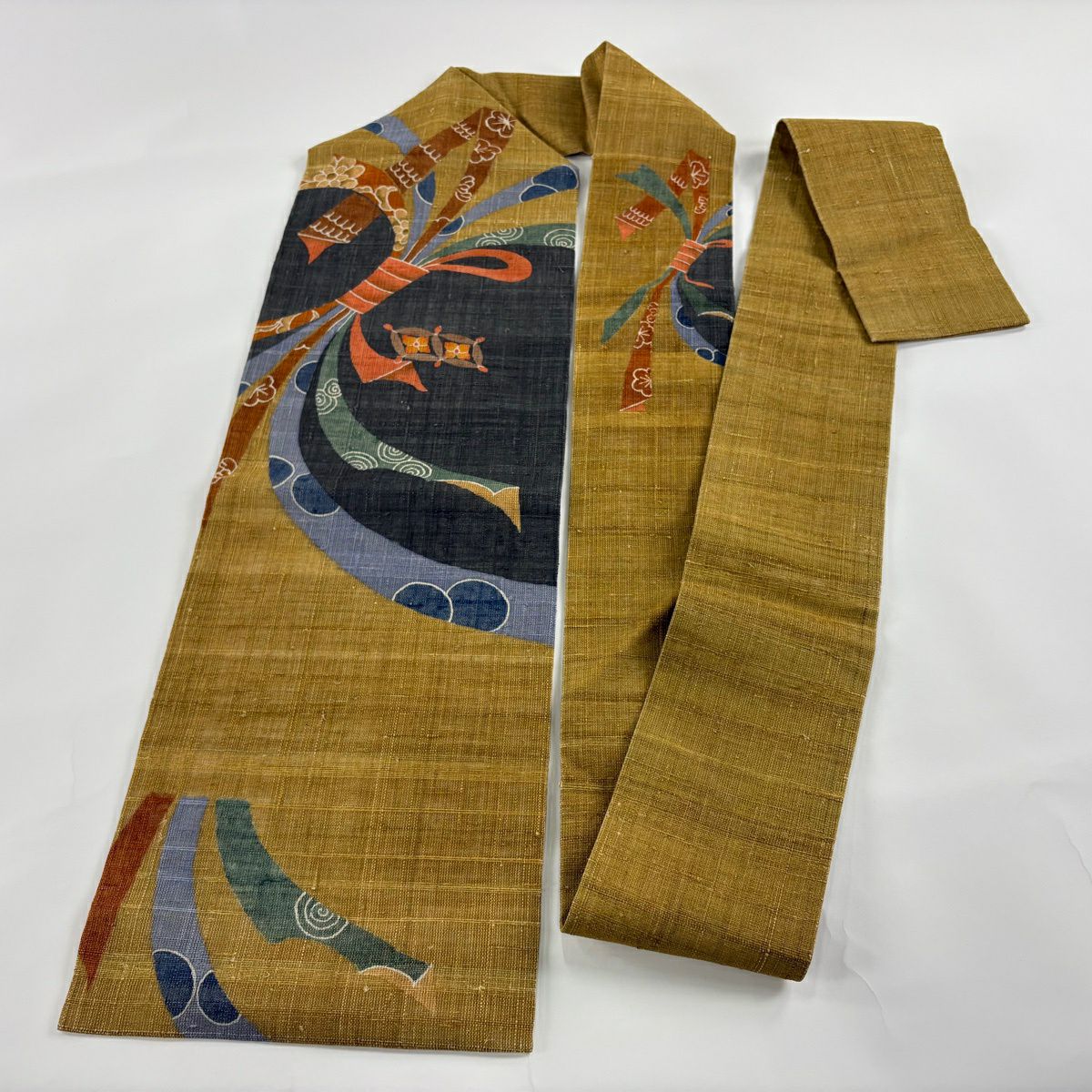 【美品】名古屋帶 秀品級 紬織織 束捲熨斗紋 七寶 黃土 純蠶絲
