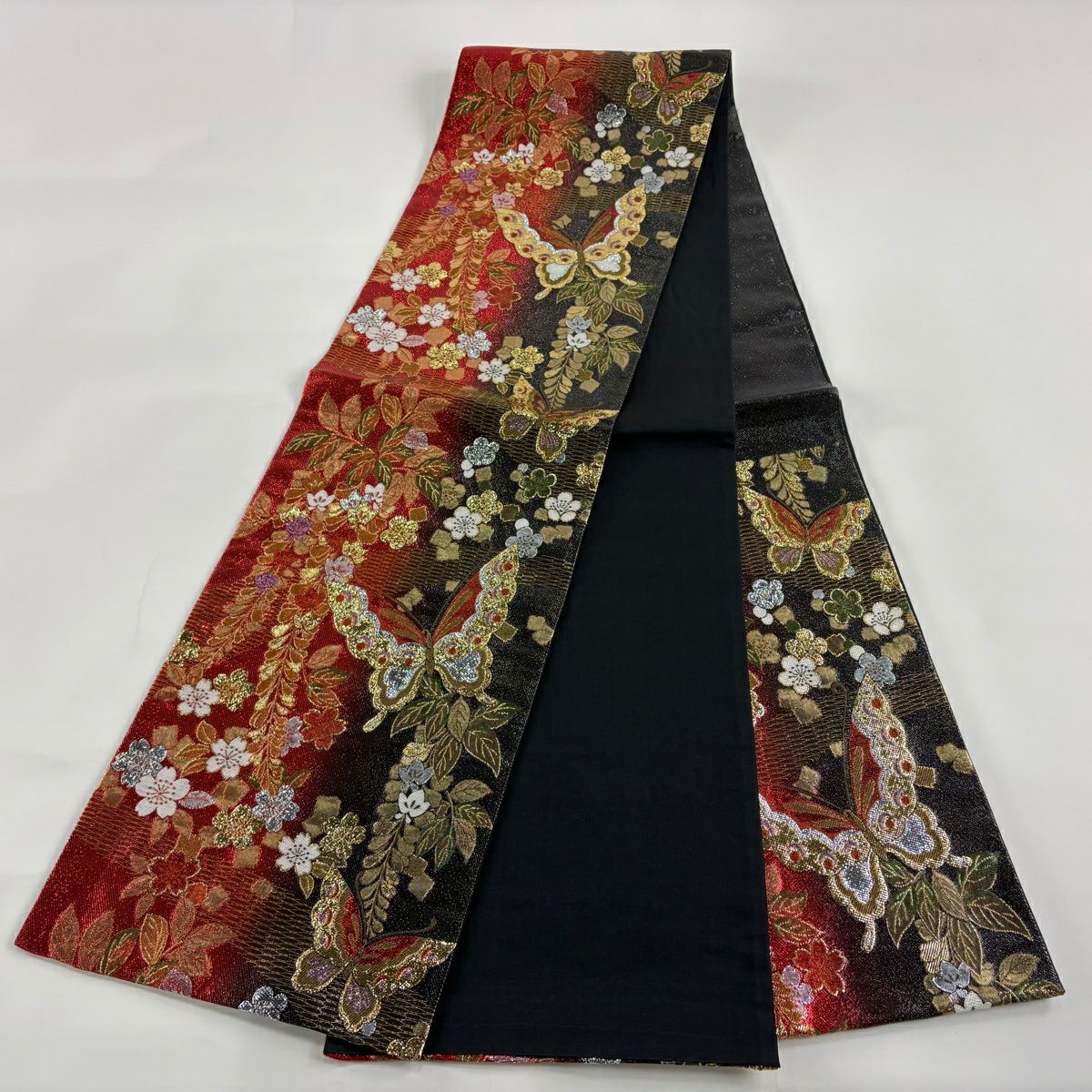 【美品】 袋帶 秀品級 蝶 櫻花 金金箔 漸層 紅 六通 純蠶絲