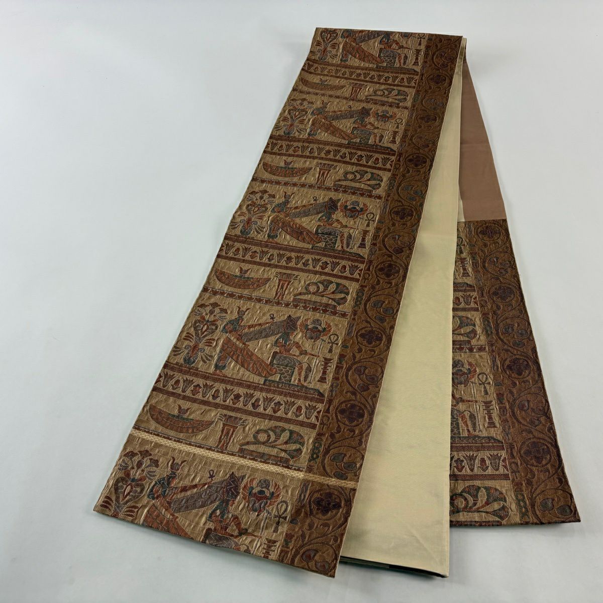 【美品】 袋帶 秀品級 科普特圖案 花唐草紋 金金箔 焦茶 六通 純蠶絲
