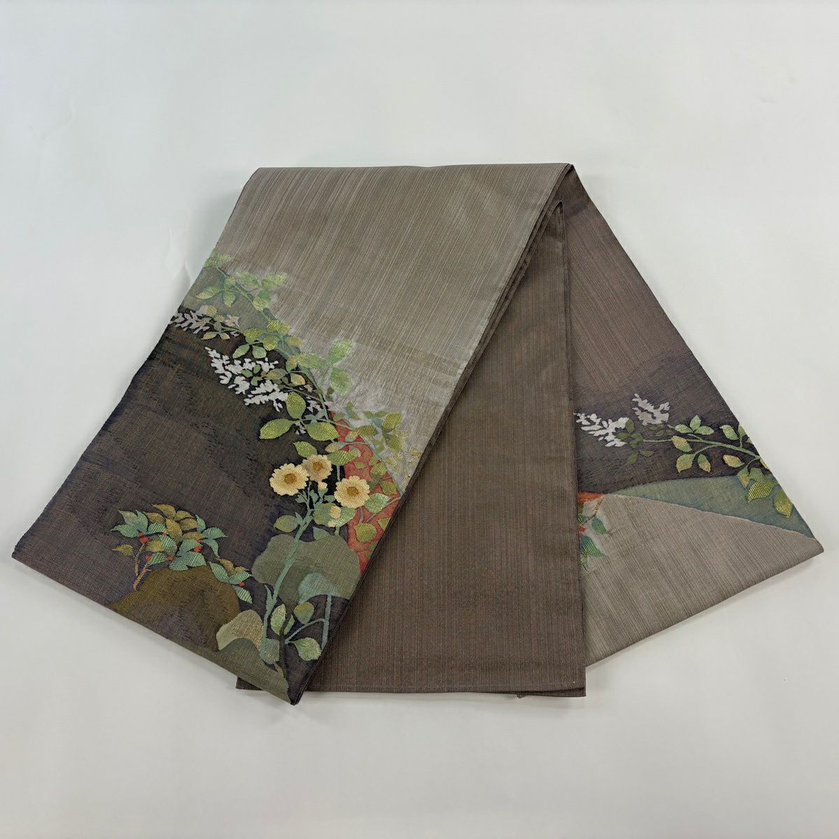 【美品】 袋帶 逸品級 草花紋 金糸 灰紫 お太鼓柄 純蠶絲
