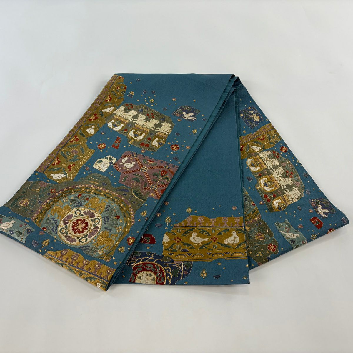 袋帶 逸品級 鳥 動物 刺繡 金絲 青綠 お太鼓圖案 純蠶絲