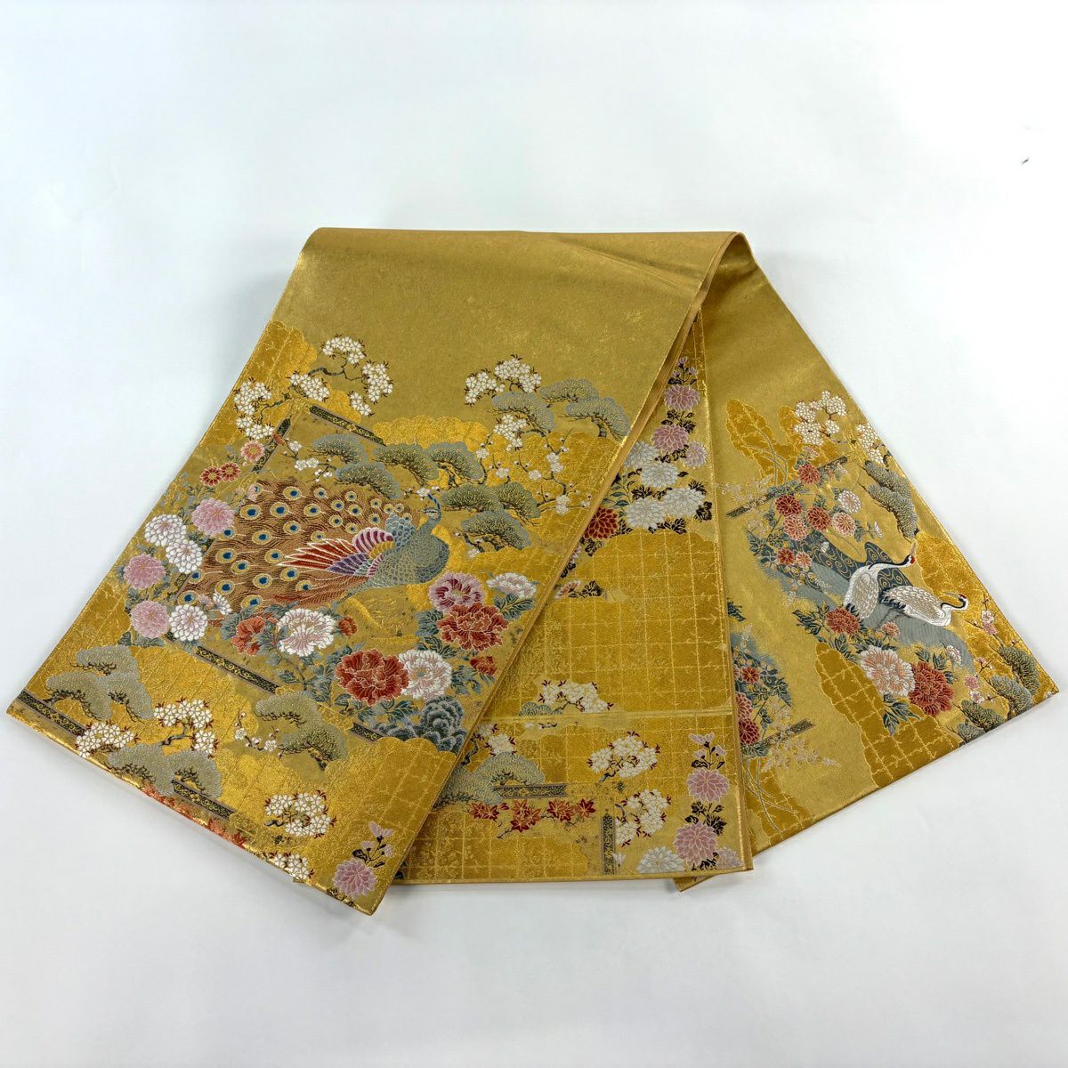 【美品】 袋帶 逸品級 長嶋成織物 落款あり 瀞金錦 關西裁縫 桃山孔雀絢爛紋 本金金箔 金絲 金色 大鼓柄 純蠶絲