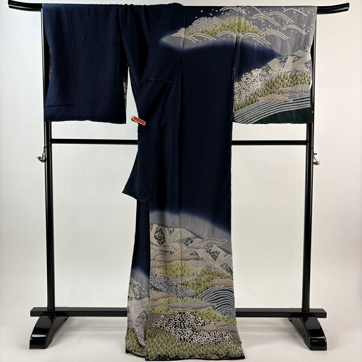 【美品】訪問服 身長174cm 袖長73cm 未仕立 雜花風景 霞 銀通し 絞染 深藍 純蠶絲 逸品級